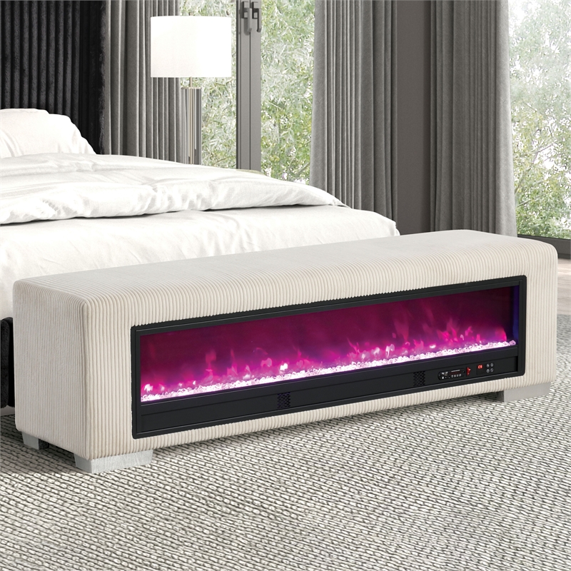 Furniture of America Alson Beige Fabric with Fireplace and Bluetooth Audio