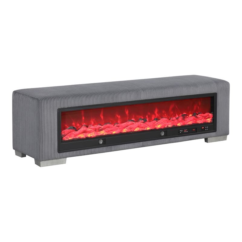 Furniture of America Alson Gray Fabric Bench with Fireplace and Bluetooth Audio