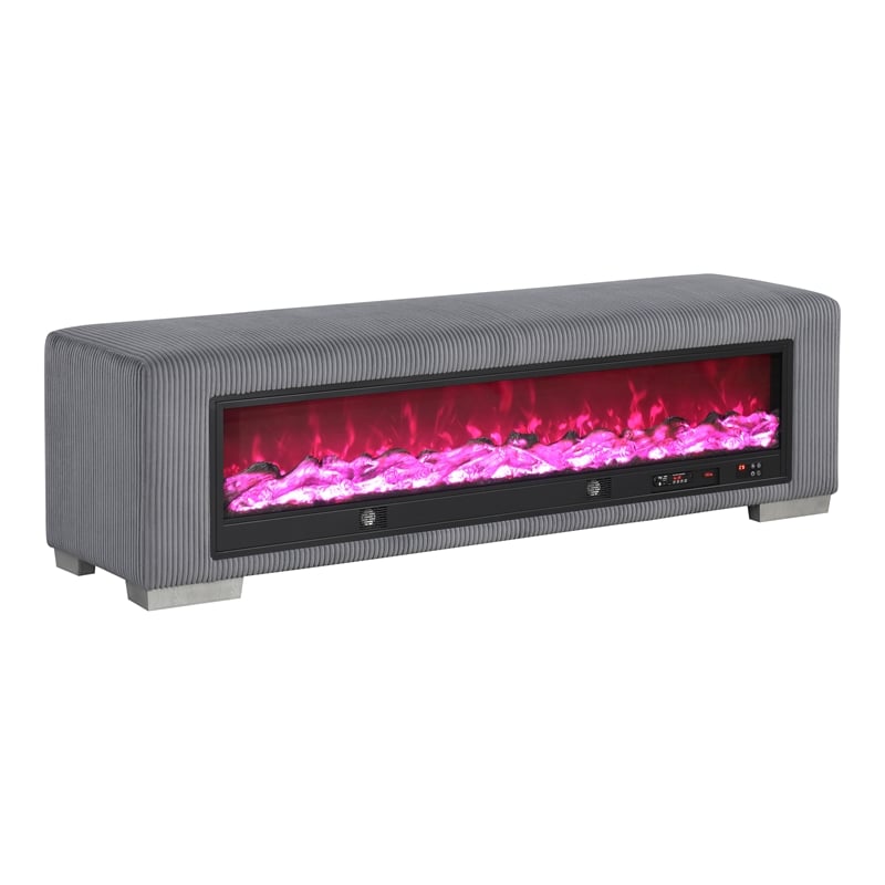Furniture of America Alson Gray Fabric Bench with Fireplace and Bluetooth Audio