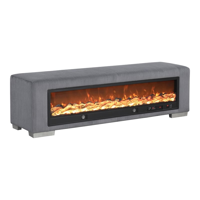 Furniture of America Alson Gray Fabric Bench with Fireplace and Bluetooth Audio