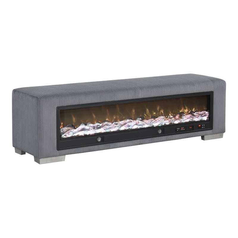 Furniture of America Alson Gray Fabric Bench with Fireplace and Bluetooth Audio