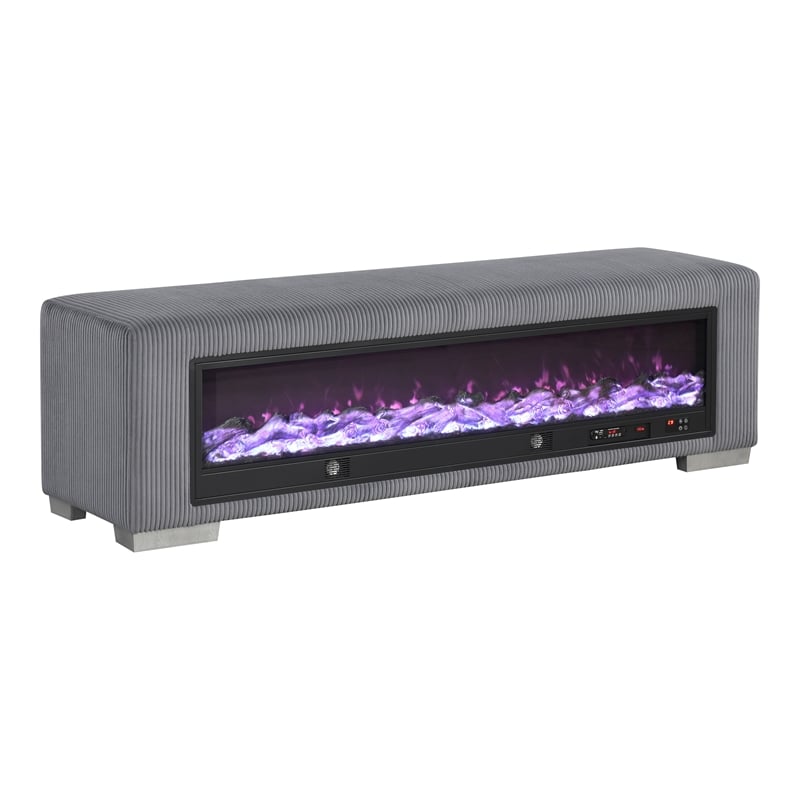 Furniture of America Alson Gray Fabric Bench with Fireplace and Bluetooth Audio