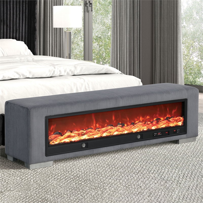Furniture of America Alson Gray Fabric Bench with Fireplace and Bluetooth Audio
