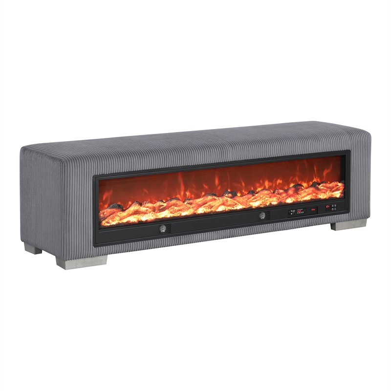 Furniture of America Alson Gray Fabric Bench with Fireplace and Bluetooth Audio