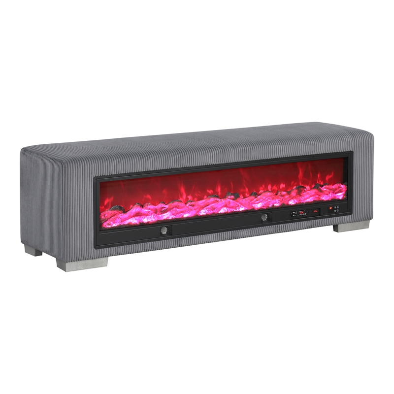 Furniture of America Alson Gray Fabric Bench with Fireplace and Bluetooth Audio