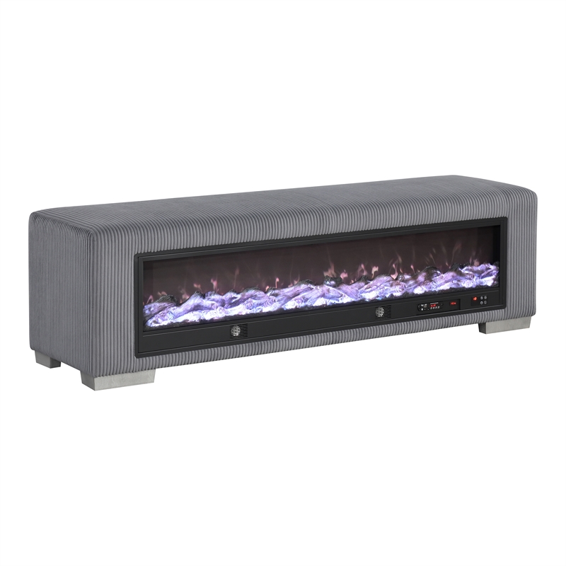 Furniture of America Alson Gray Fabric Bench with Fireplace and Bluetooth Audio