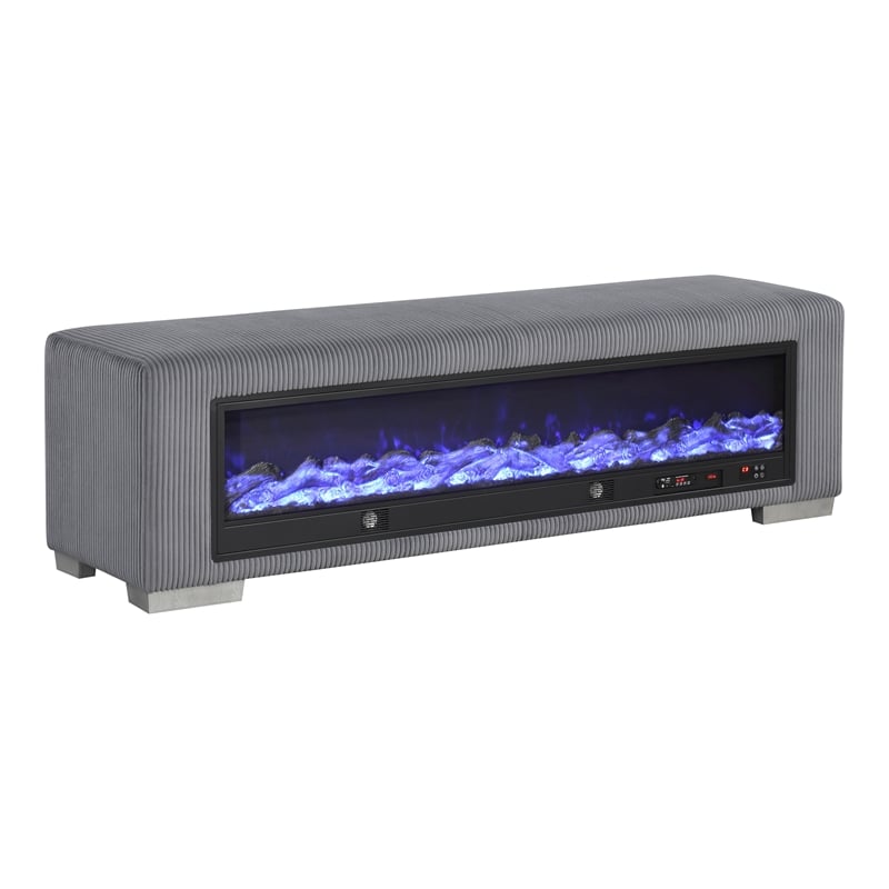 Furniture of America Alson Gray Fabric Bench with Fireplace and Bluetooth Audio