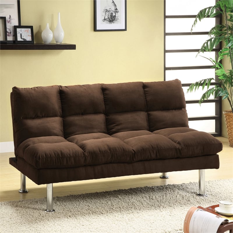 Furniture of America Ryven Biscuit Tufted Microfiber Futon Sofa Bed in Brown