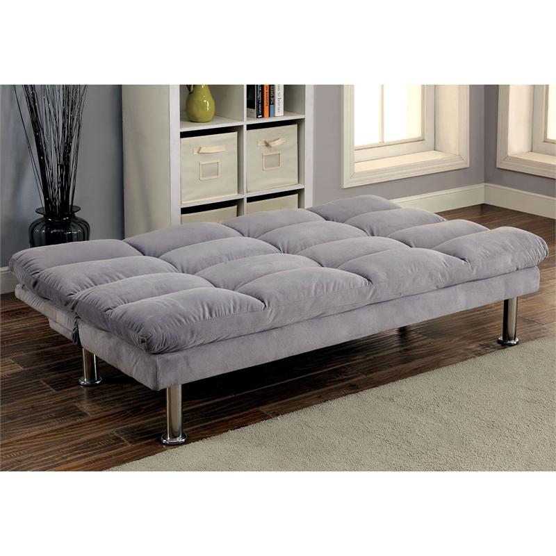 Furniture of America Ryven Biscuit Tufted Microfiber Futon Sofa Bed in Gray