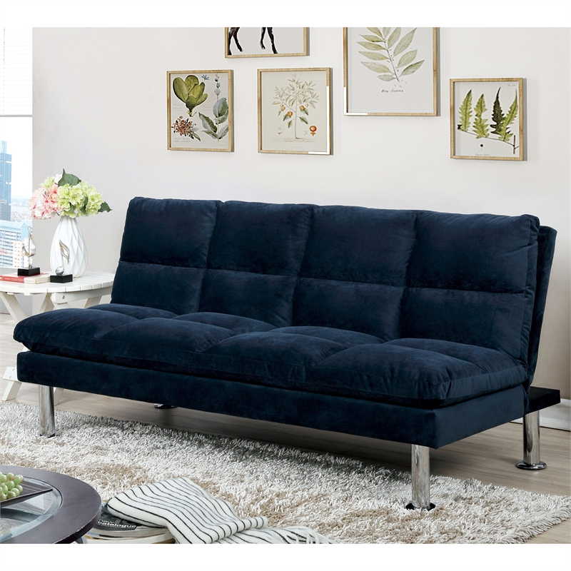 Furniture of America Ryven Biscuit Tufted Microfiber Futon Sofa Bed in Navy