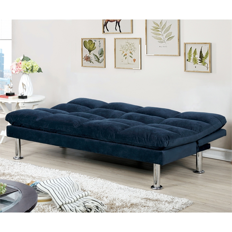 Furniture of America Ryven Biscuit Tufted Microfiber Futon Sofa Bed in Navy