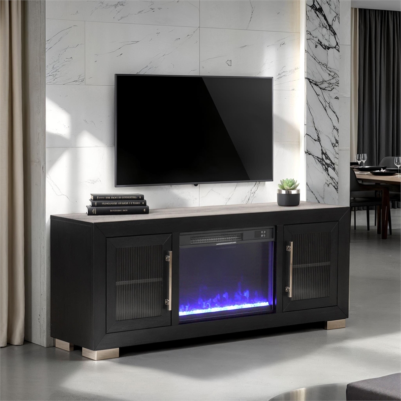Furniture of America Sarai Wood 60-inch TV Stand with Fireplace in Black