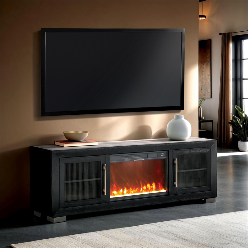 Furniture of America Sarai Wood 72-inch TV Stand with Fireplace in Black