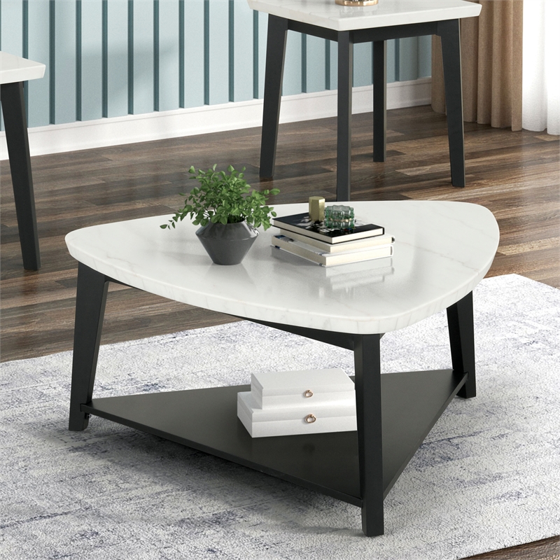 Furniture of America Isolde Wood and Marble Triangle Coffee Table in White