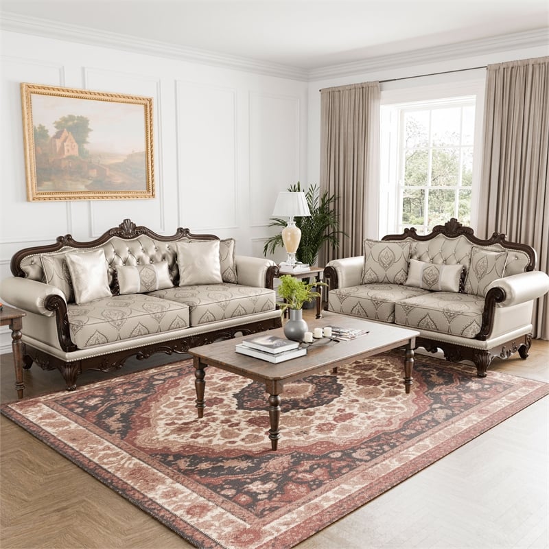 Furniture of America Adelaide Fabric and Wood 2-Piece Sofa Set in Beige