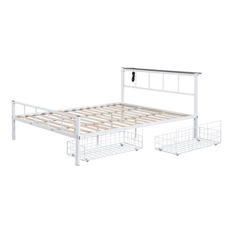 Furniture of America Runicke Metal Storage Platform Queen Bed in White