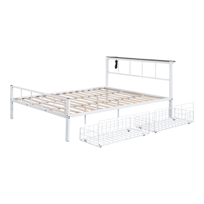 Furniture of America Runicke Metal Storage Platform Queen Bed in White