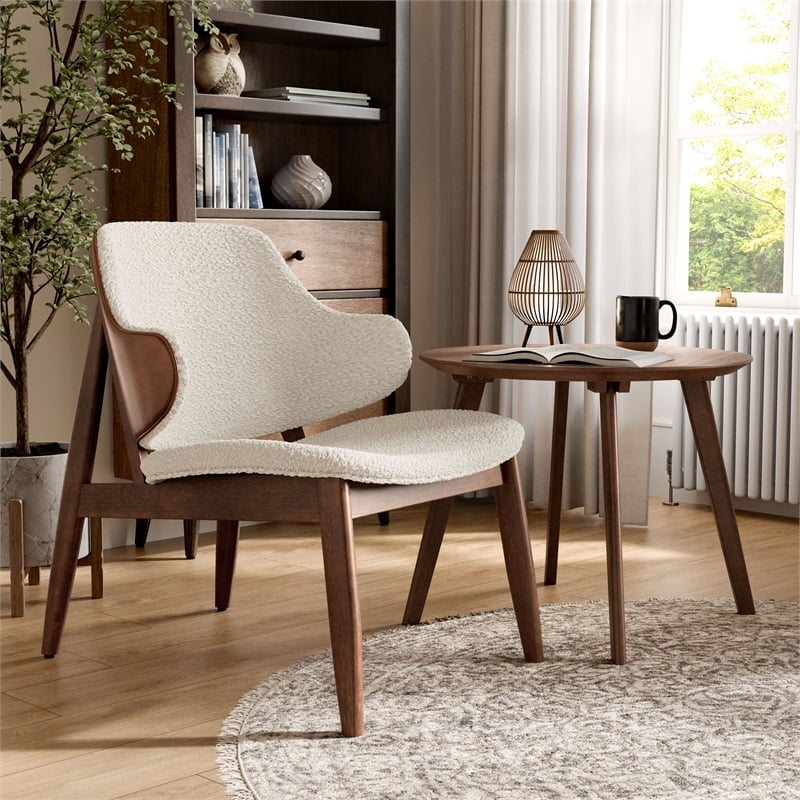 Furniture of America Callum 2-Piece Side Table and Boucle Fabric Chair in Walnut