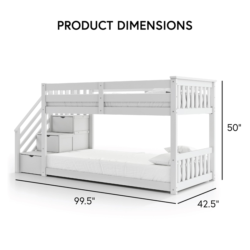 Furniture of America Sabrina Wood Twin over Twin White Bunk Bed with Staircase