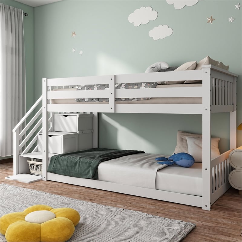 Furniture of America Sabrina Wood Twin over Twin White Bunk Bed with Staircase