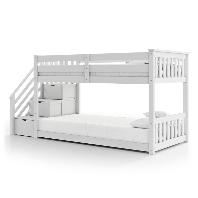 Furniture of America Sabrina Wood Twin over Twin White Bunk Bed with Staircase