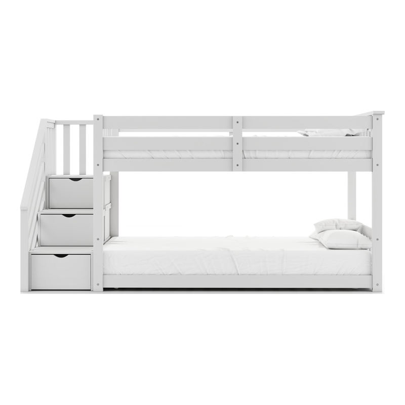 Furniture of America Sabrina Wood Twin over Twin White Bunk Bed with Staircase