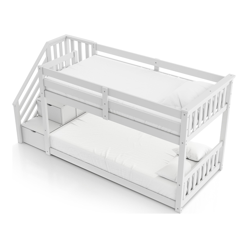 Furniture of America Sabrina Wood Twin over Twin White Bunk Bed with Staircase
