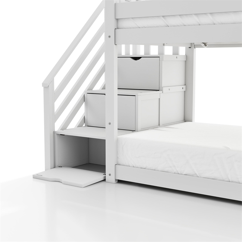 Furniture of America Sabrina Wood Twin over Twin White Bunk Bed with Staircase