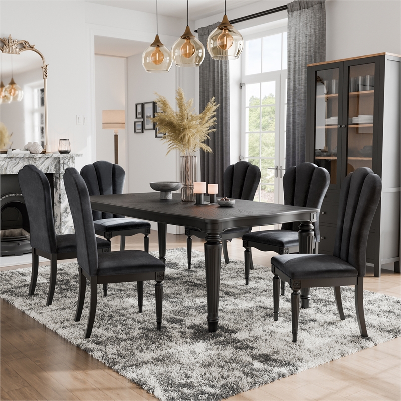 Furniture of America Seabliss Fabric and Wood 7-Piece Dining Table Set in Black