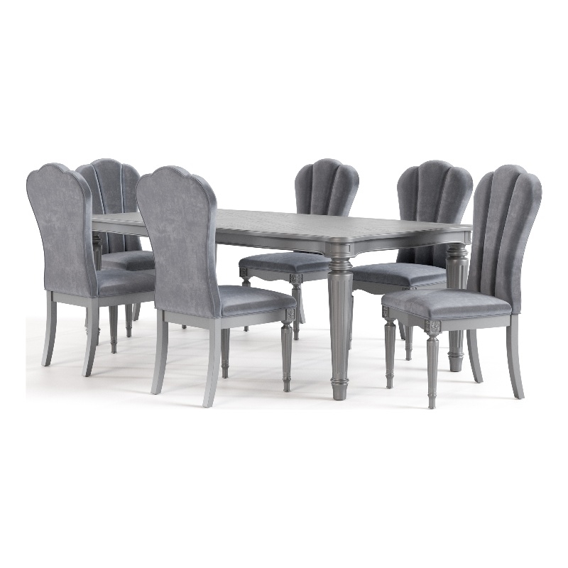 Furniture of America Seabliss Fabric and Wood 7-Piece Dining Table Set in Silver