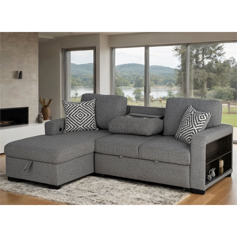 Furniture of America Andrew Gray Fabric Left Chaise Sleeper Sectional with USBs