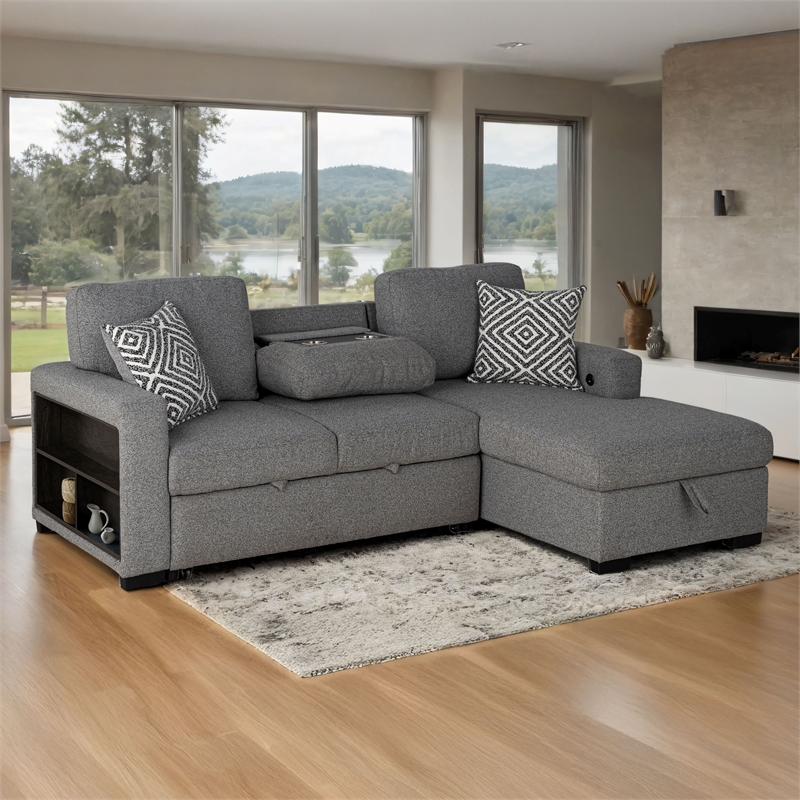 Furniture of America Andrew Gray Fabric Right Chaise Sleeper Sectional with USBs