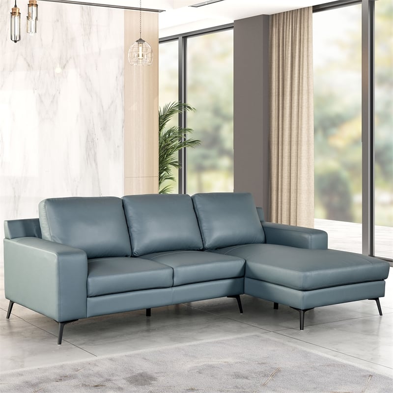 Furniture of America Ronan FSC Certified Leather Right Chaise Sectional in Blue