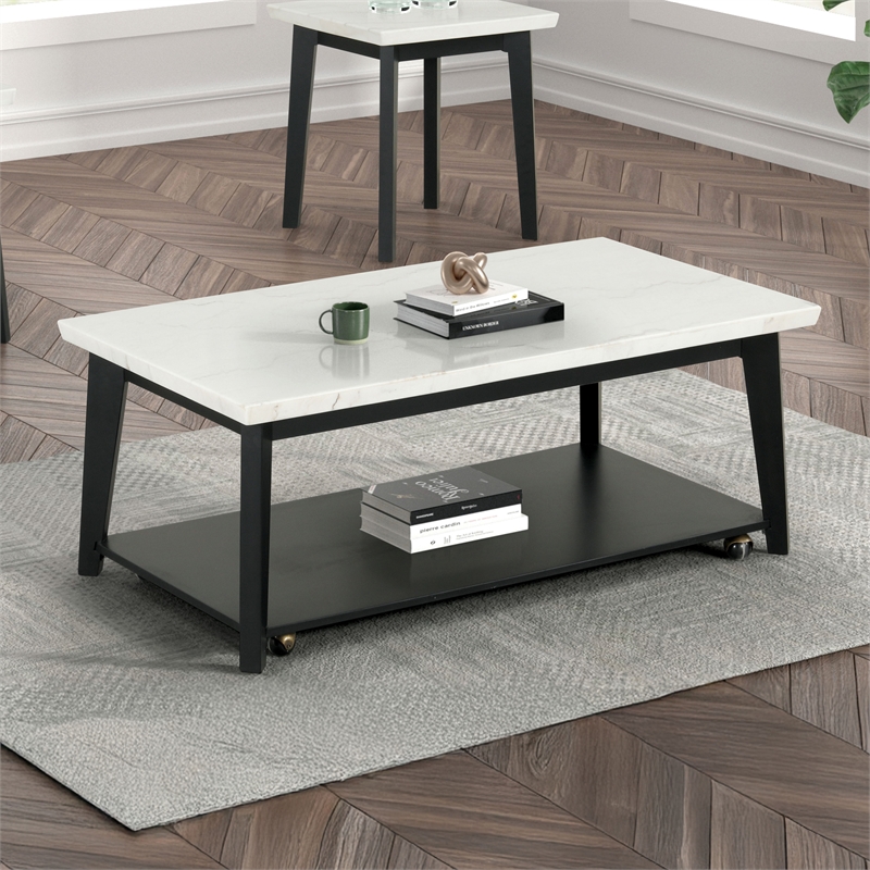 Furniture of America Isolde Wood and Marble Rectangle Coffee Table in White