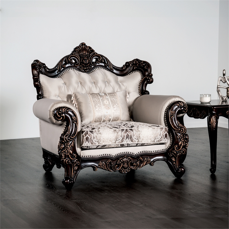 Furniture of America Zephyra Tufted Beige Fabric Accent Chair in Dark Cherry