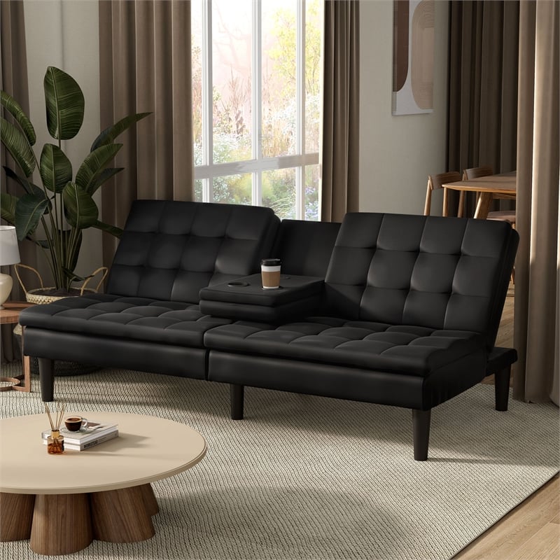 Furniture of America Fallein Black Faux Leather Futon Sofa Bed with USB Ports