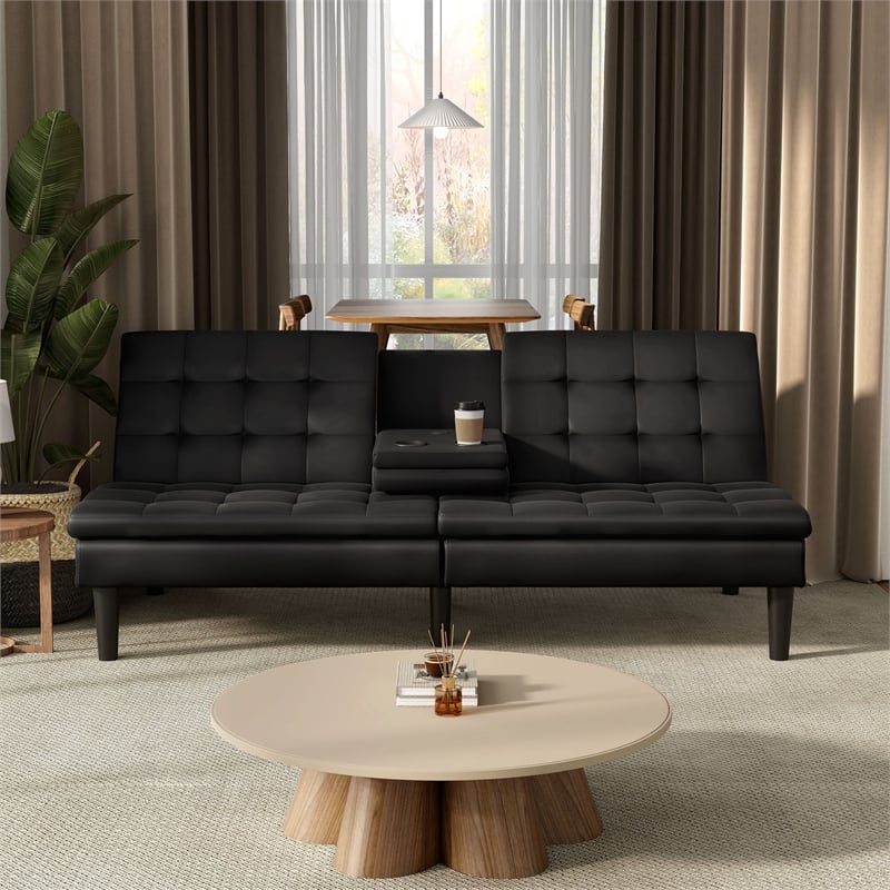 Furniture of America Fallein Black Faux Leather Futon Sofa Bed with USB Ports