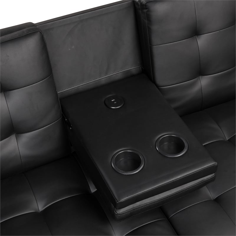 Furniture of America Fallein Black Faux Leather Futon Sofa Bed with USB Ports