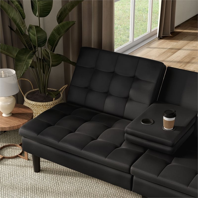 Furniture of America Fallein Black Faux Leather Futon Sofa Bed with USB Ports
