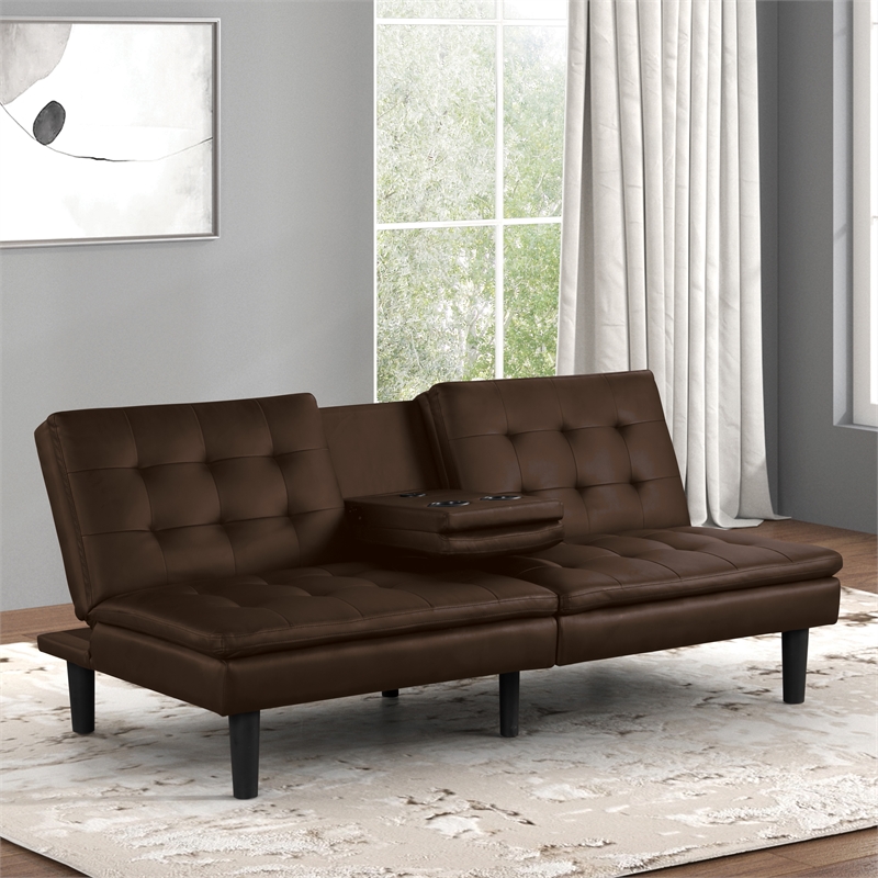 Furniture of America Fallein Brown Faux Leather Futon Sofa Bed with USB Ports