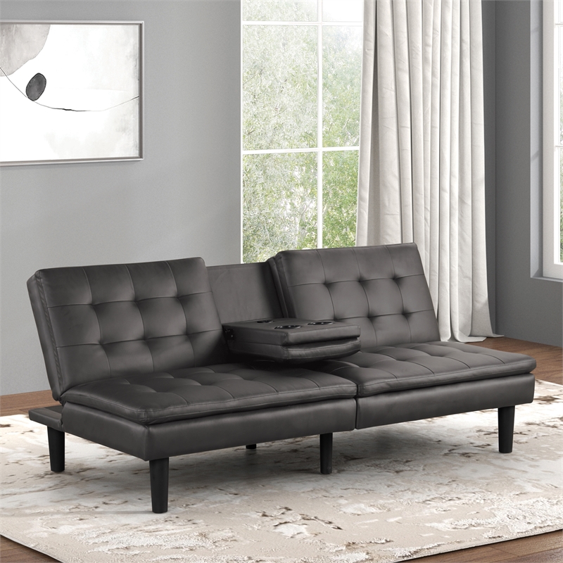 Furniture of America Fallein Gray Faux Leather Futon Sofa Bed with USB Ports