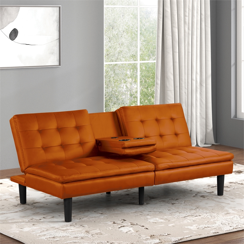 Furniture of America Fallein Orange Faux Leather Futon Sofa Bed with USB Ports