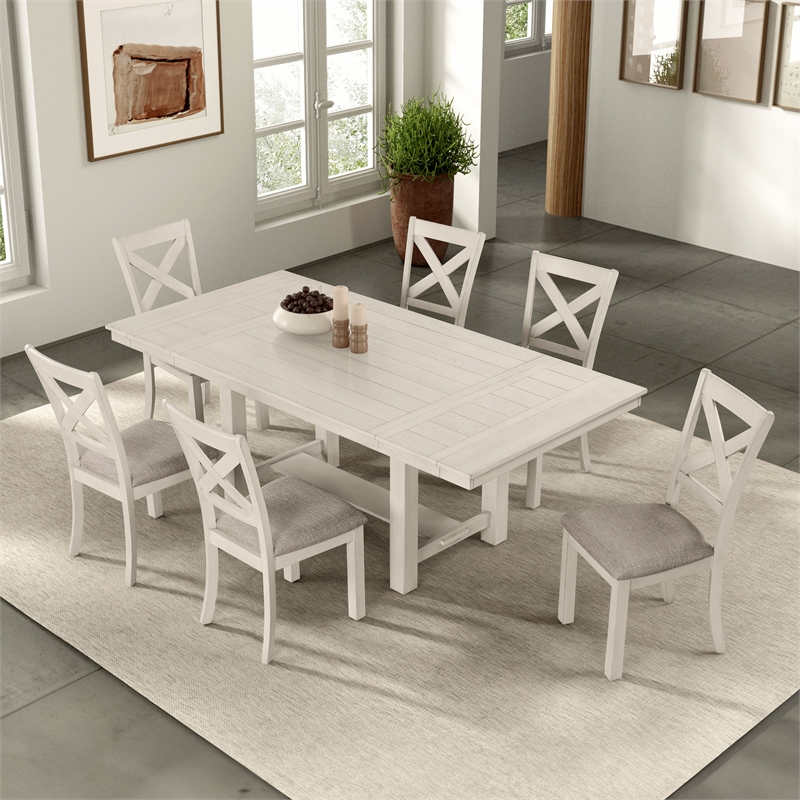 Furniture of America Chalen Wood 7-Piece Extendable Dining Table Set in White