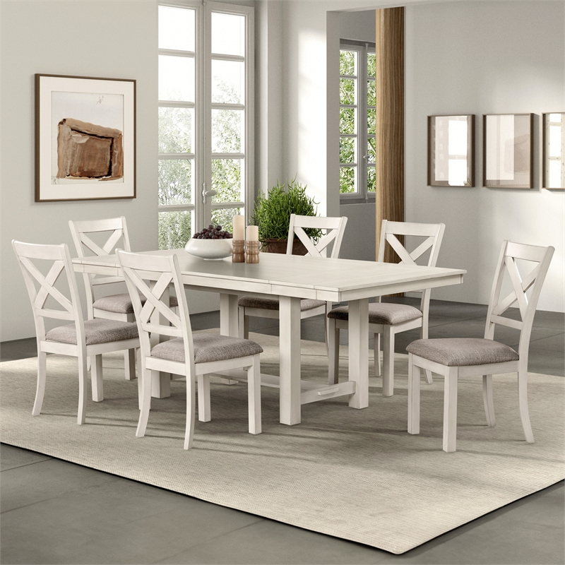 Furniture of America Chalen Wood 7-Piece Extendable Dining Table Set in White
