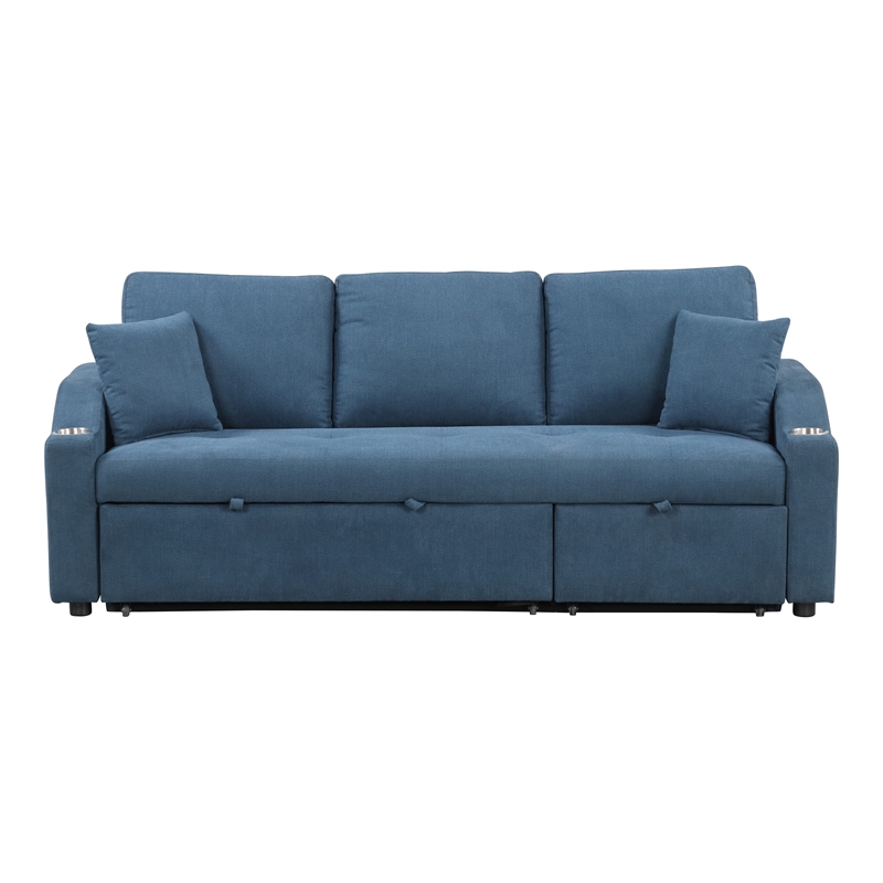 Furniture of America Eulalie Blue Fabric Sleeper Sofa in with Cup Holders