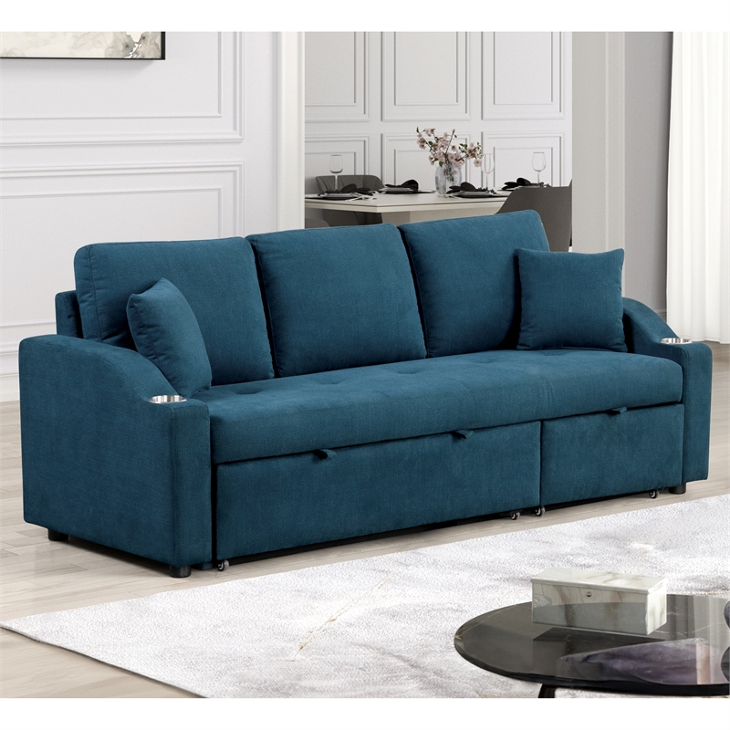 Furniture of America Eulalie Blue Fabric Sleeper Sofa in with Cup Holders
