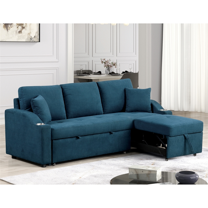 Furniture of America Eulalie Blue Fabric Sleeper Sofa in with Cup Holders