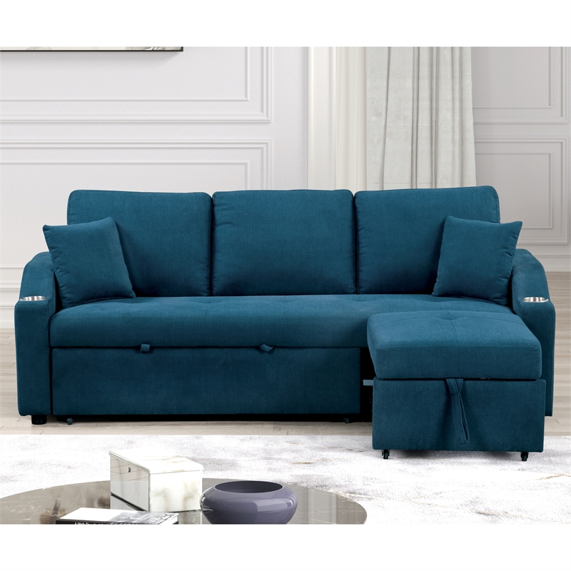 Furniture of America Eulalie Blue Fabric Sleeper Sofa in with Cup Holders
