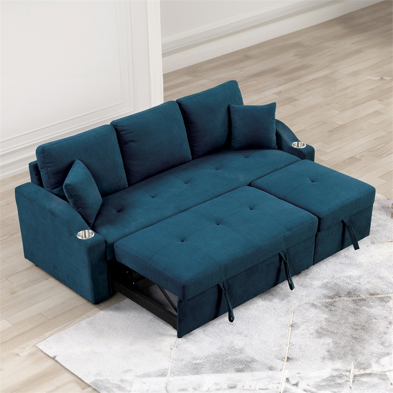 Furniture of America Eulalie Blue Fabric Sleeper Sofa in with Cup Holders