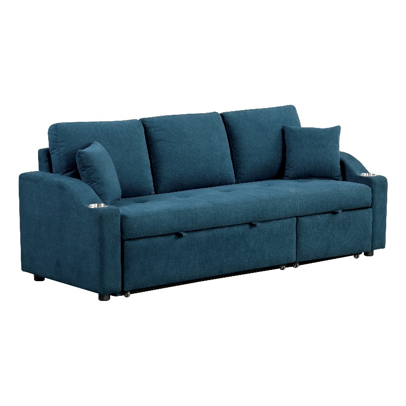 Furniture of America Eulalie Blue Fabric Sleeper Sofa in with Cup Holders